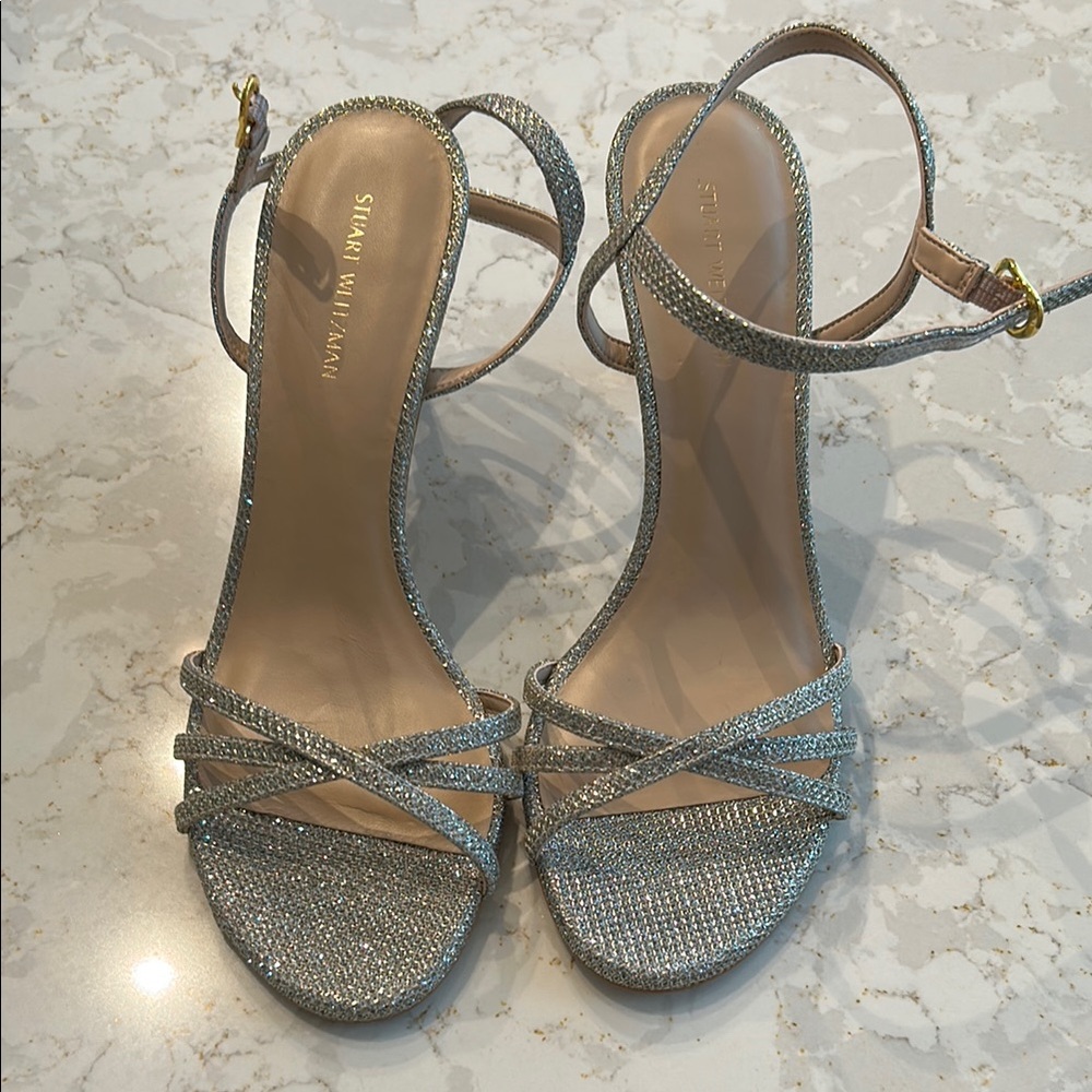 Stuart Weitzman Silver Heels with Twisted Straps